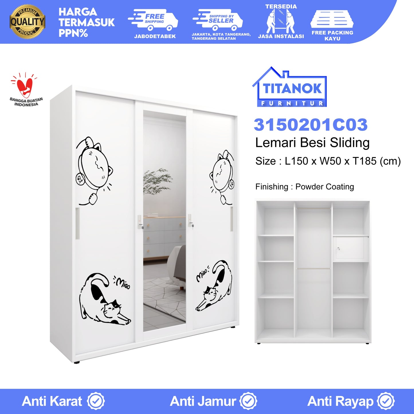 Lemari 3 Pintu Full Sliding Ukuran 150cm Motif Kucing Gemoy