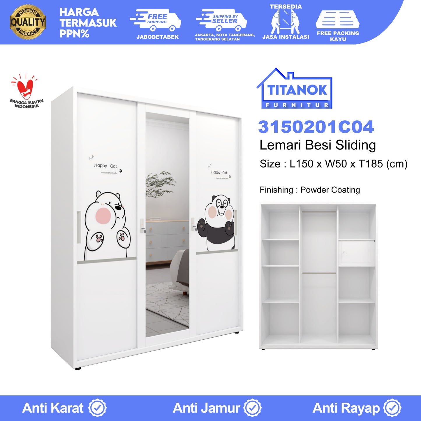 Lemari 3 Pintu Full Sliding Ukuran 150cm Motif Kartun Beruang