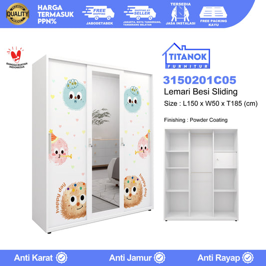 Lemari 3 Pintu Full Sliding Ukuran 150cm Motif Bola Bulu Warna Warni