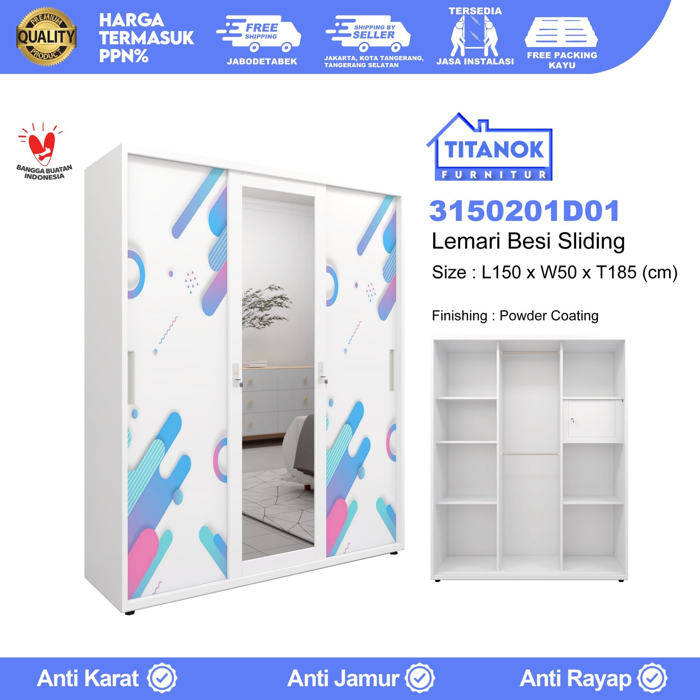 Lemari 3 Pintu Full Sliding Ukuran 150cm Motif Dot Biru dan Pink