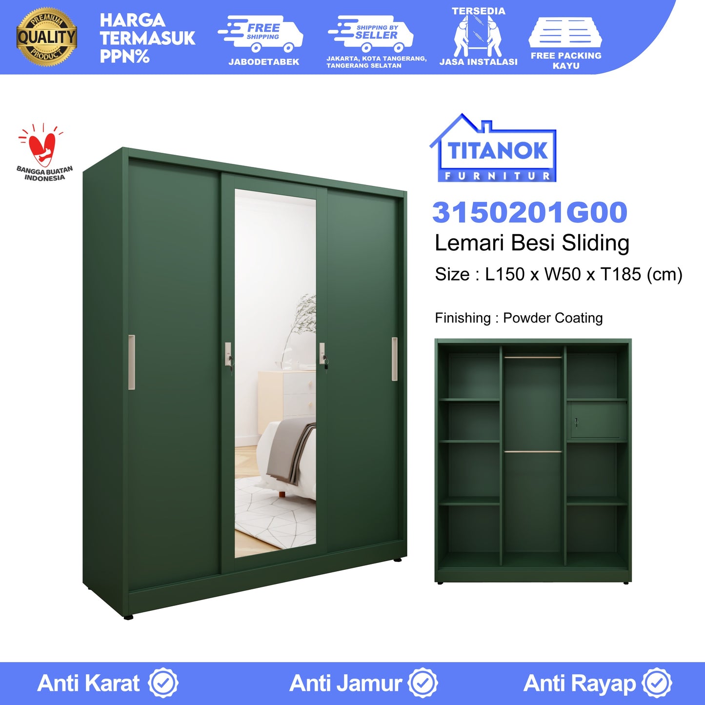 Lemari 3 Pintu Full Sliding Ukuran 150cm Motif Polos