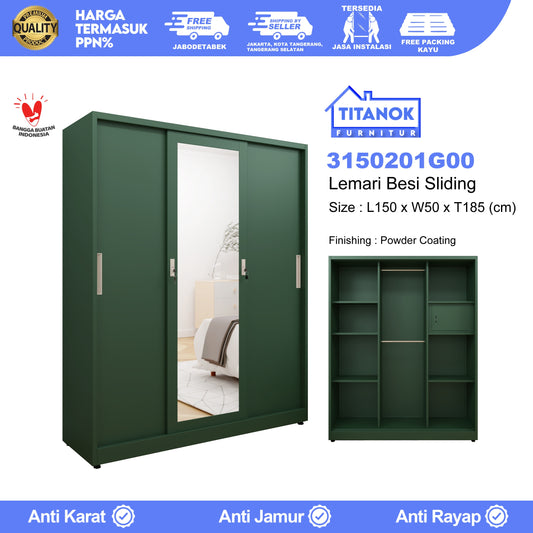 Lemari 3 Pintu Full Sliding Ukuran 150cm Motif Polos