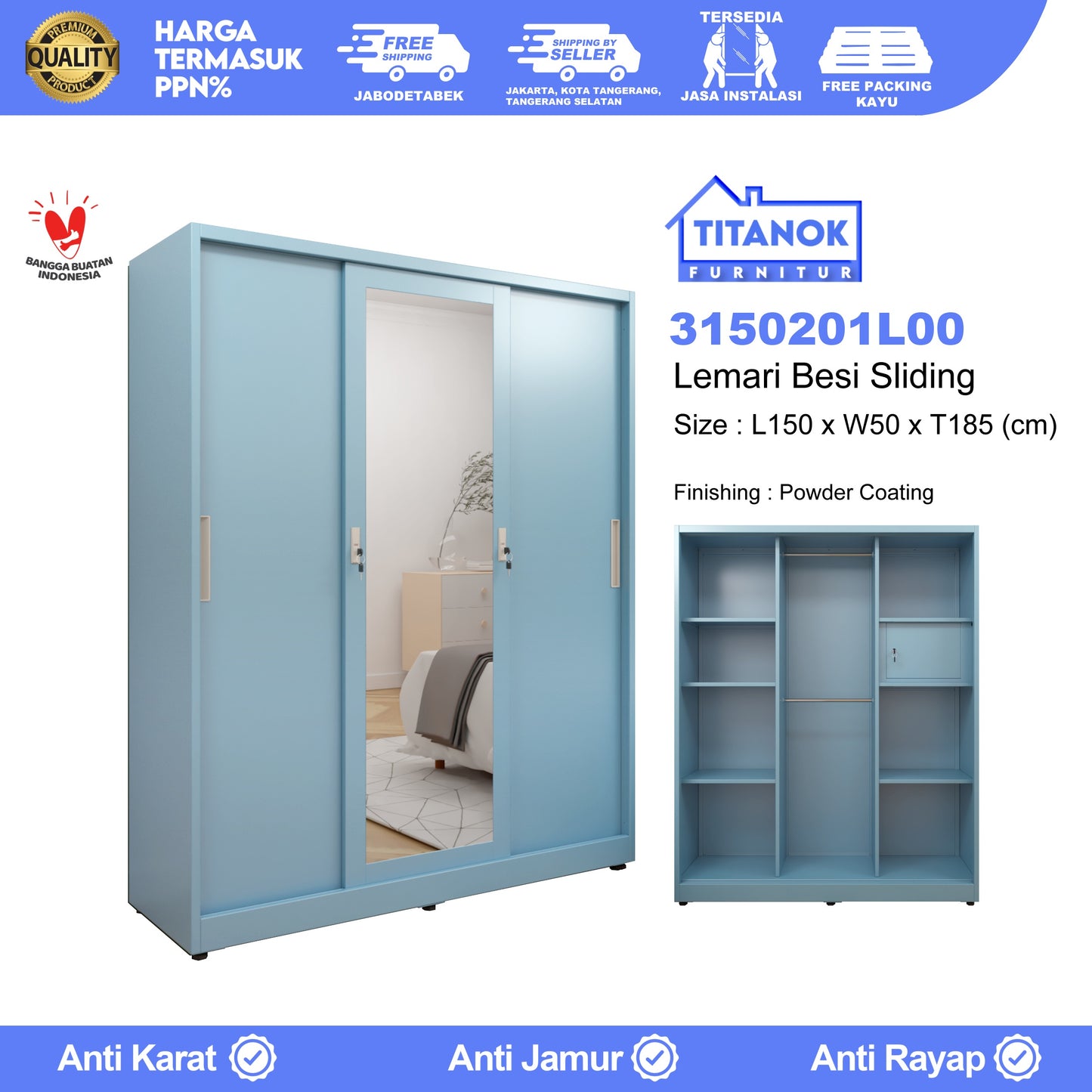 Lemari 3 Pintu Full Sliding Ukuran 150cm Motif Polos