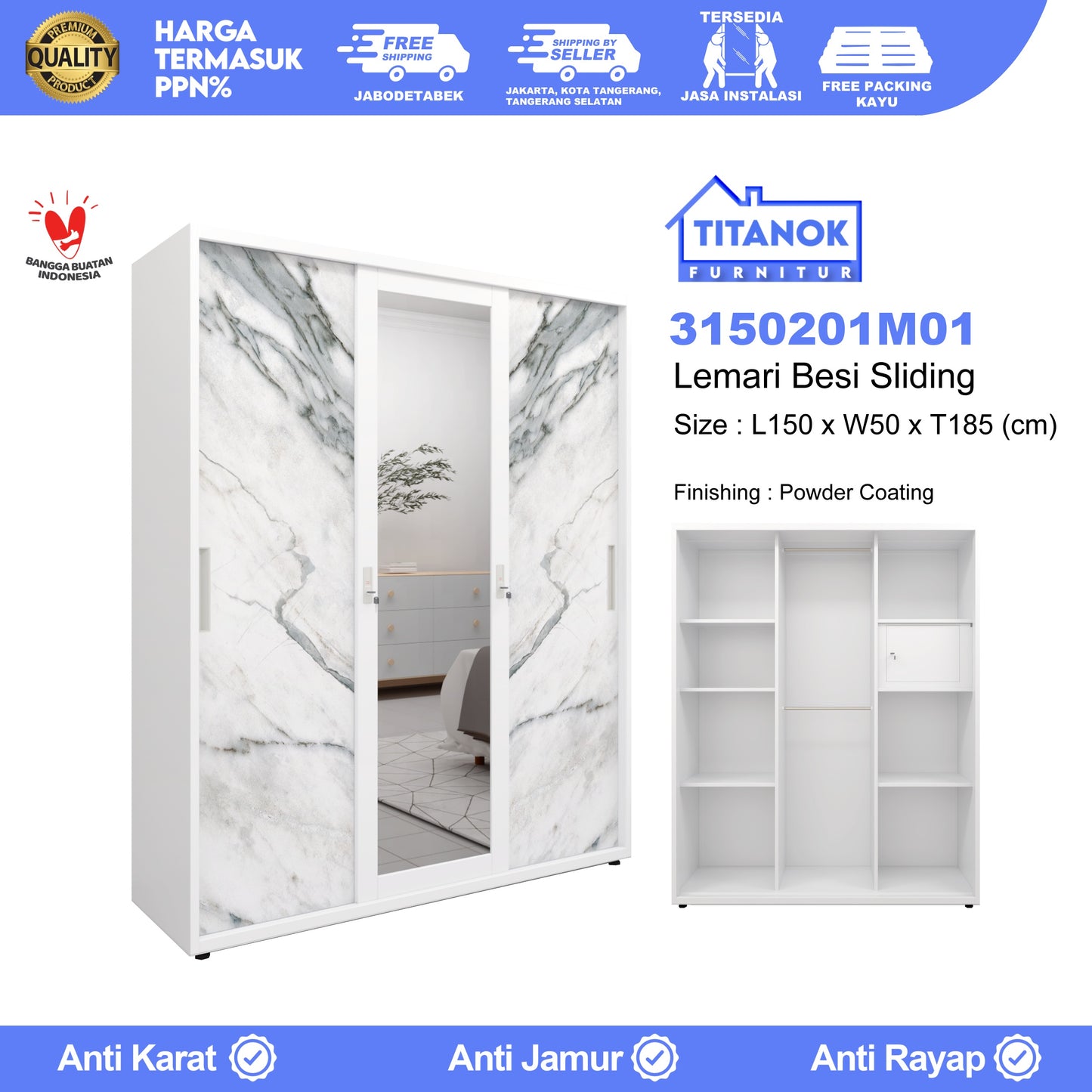 Lemari 3 Pintu Full Sliding Ukuran 150cm Motif Marble Abu