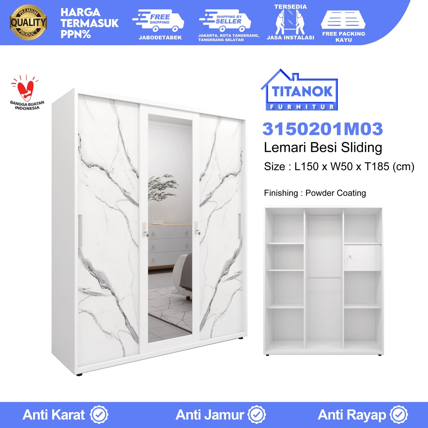 Lemari 3 Pintu Full Sliding Ukuran 150cm Motif Marble Putih