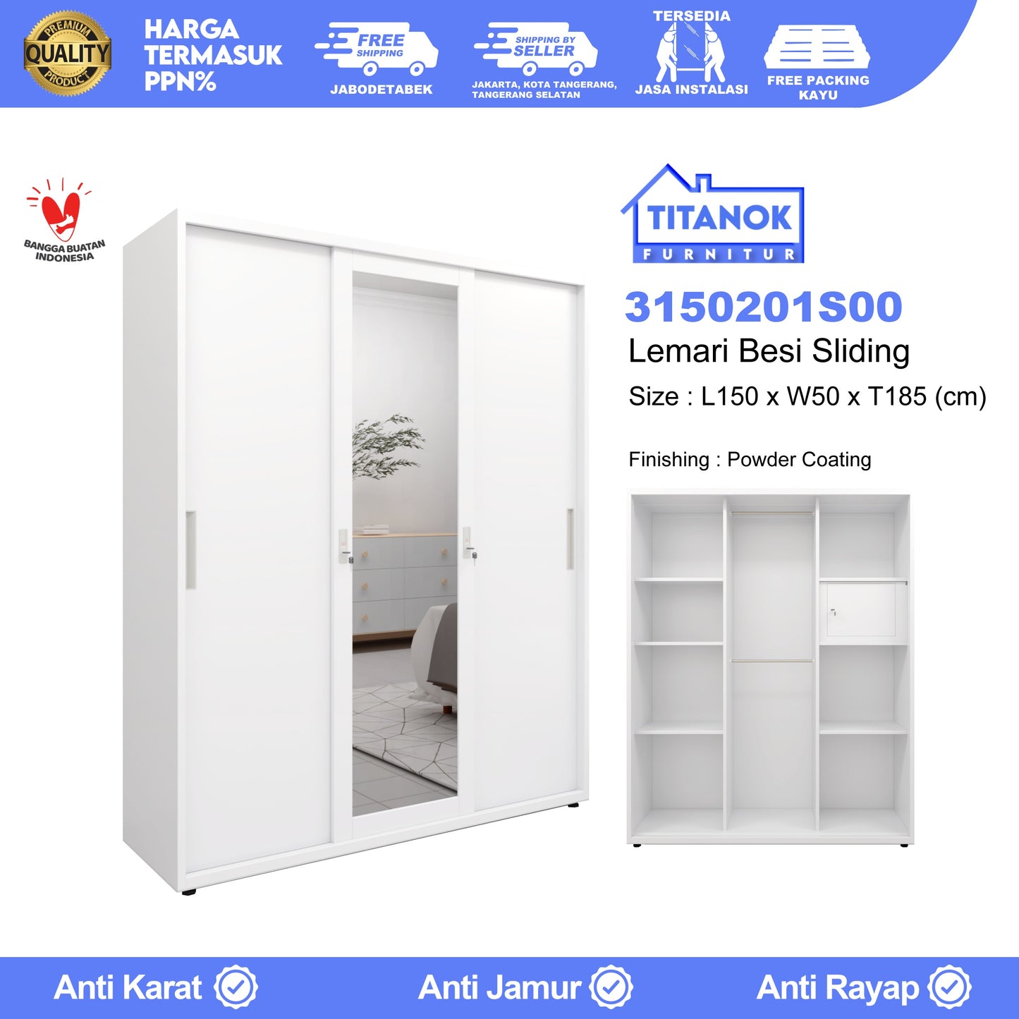 Lemari 3 Pintu Full Sliding Ukuran 150cm Motif Polos