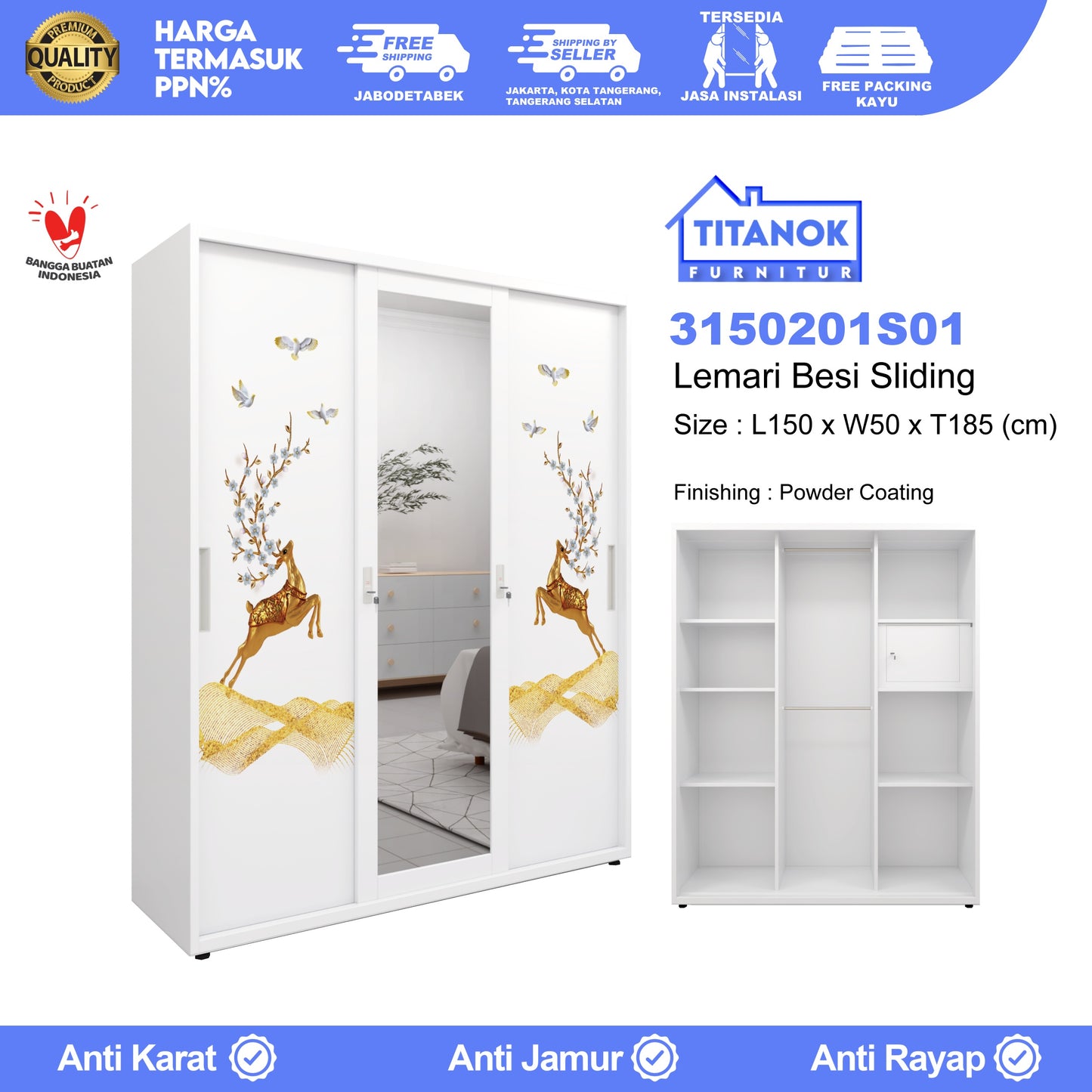 Lemari 3 Pintu Full Sliding Ukuran 150cm Motif Rusa