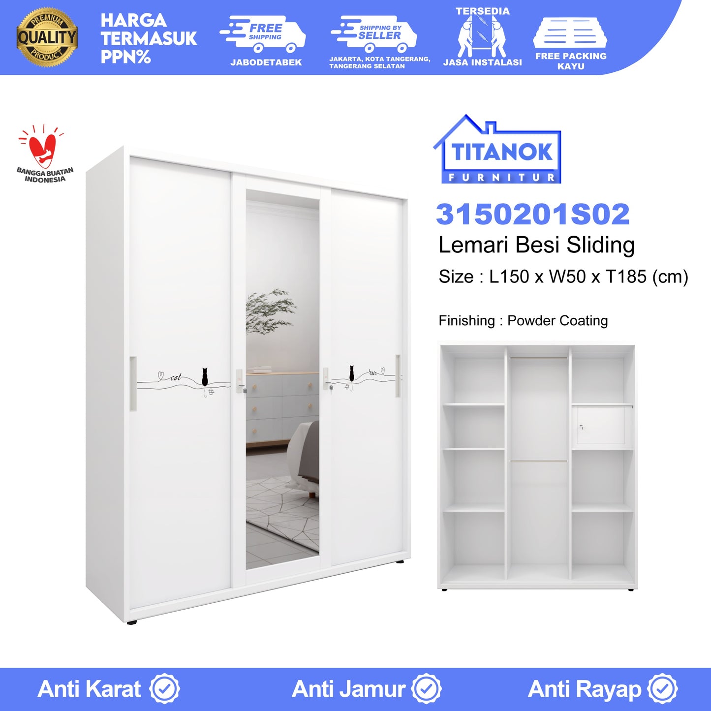 Lemari 3 Pintu Full Sliding Ukuran 150cm Motif Kucing Minimalis