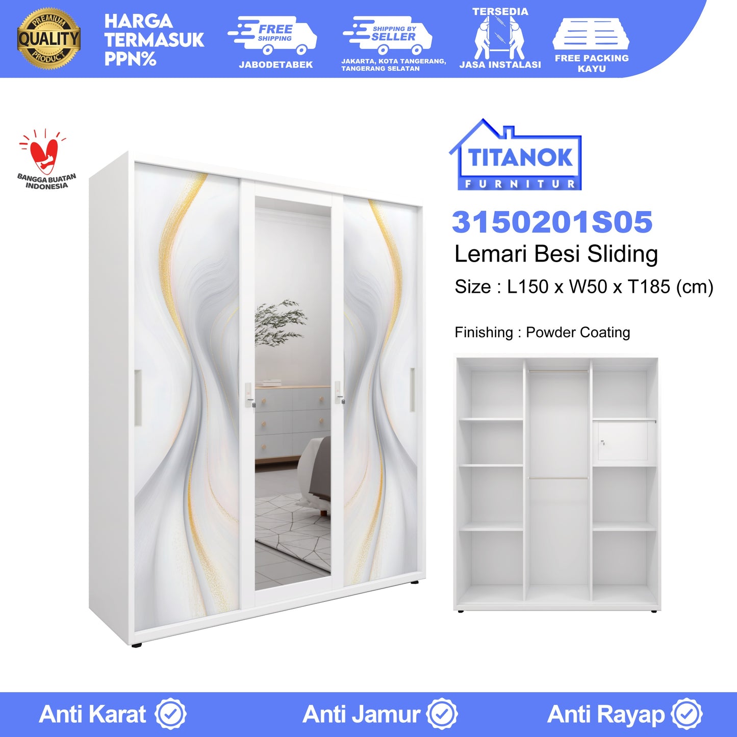 Lemari 3 Pintu Full Sliding Ukuran 150cm Motif Gelombang Emas dan Abu