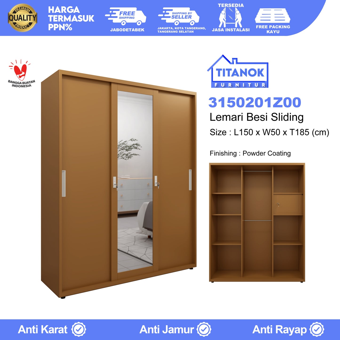 Lemari 3 Pintu Full Sliding Ukuran 150cm Motif Polos