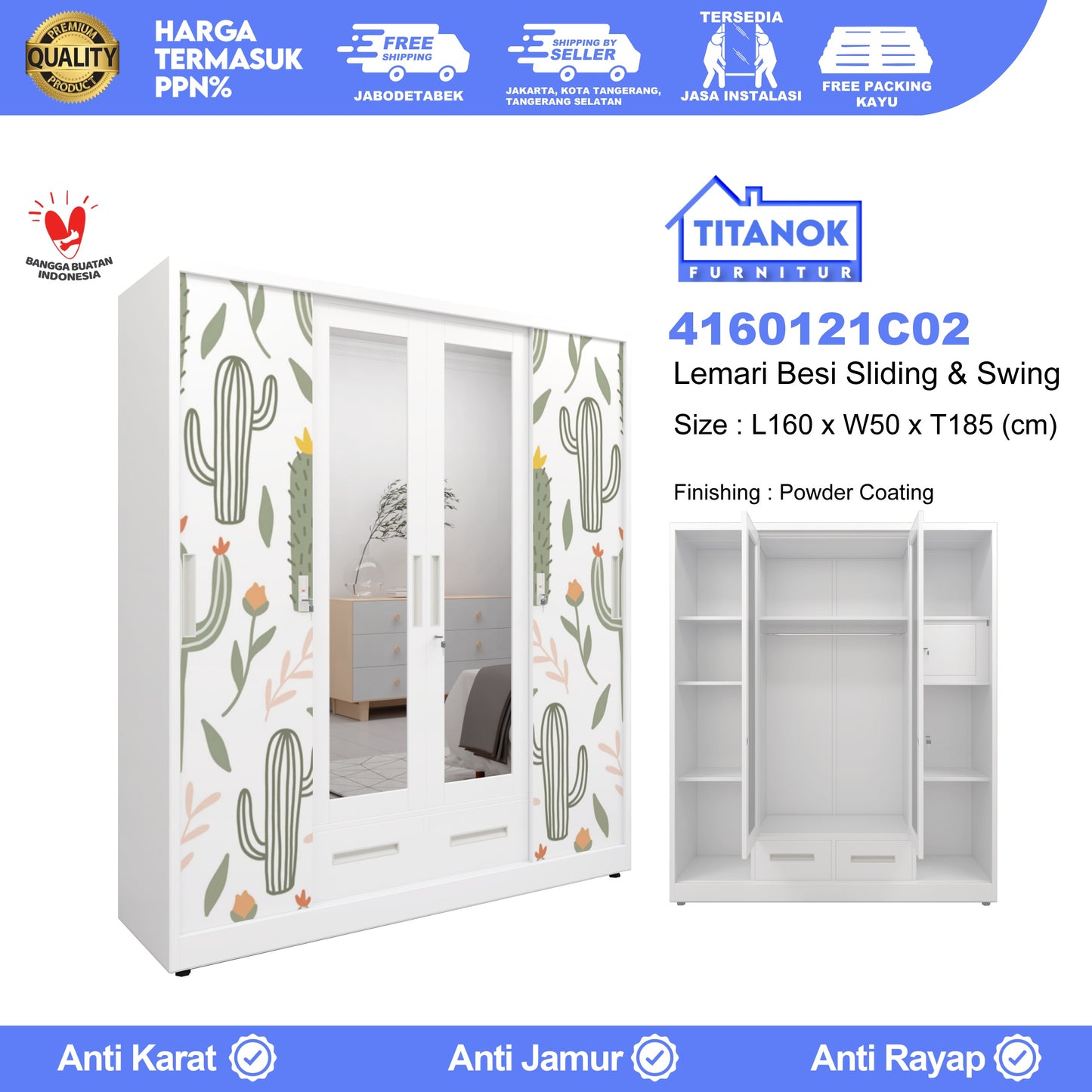 Lemari 4 Pintu Kombinasi Extra Laci Ukuran 160cm Motif Kaktus