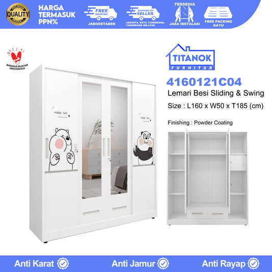 Lemari 4 Pintu Kombinasi Extra Laci Ukuran 160cm Motif Kartun Beruang