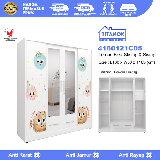 Lemari 4 Pintu Kombinasi Extra Laci Ukuran 160cm Motif Bola Bulu Warna Warni