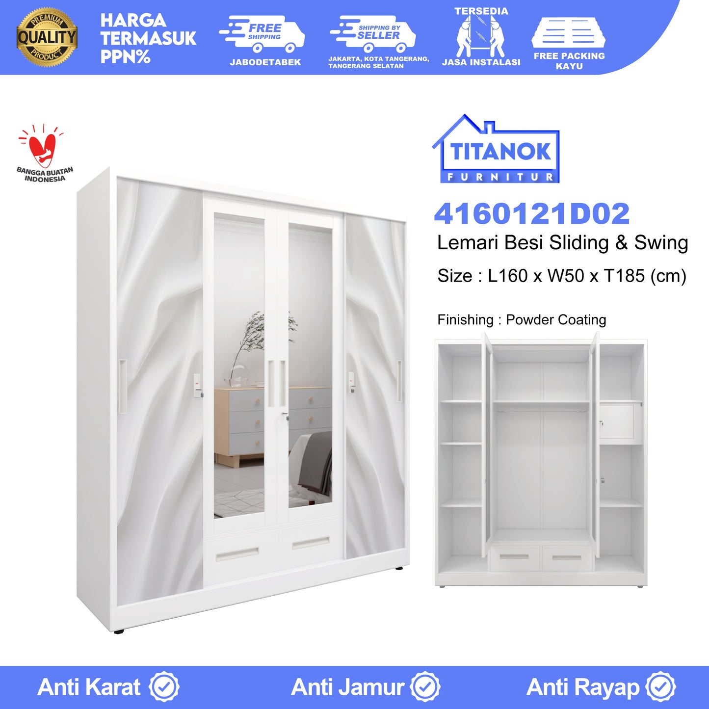 Lemari 3 Pintu Full Sliding Motif Sutra Putih