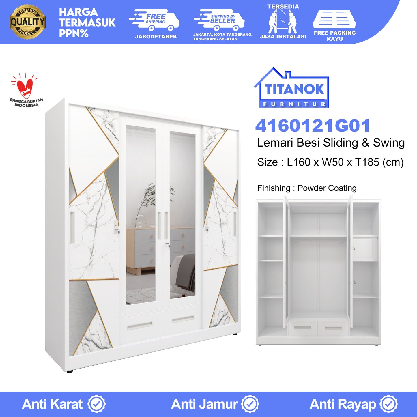 Lemari 4 Pintu Kombinasi Extra Laci Ukuran 160cm Motif Geometri Gold