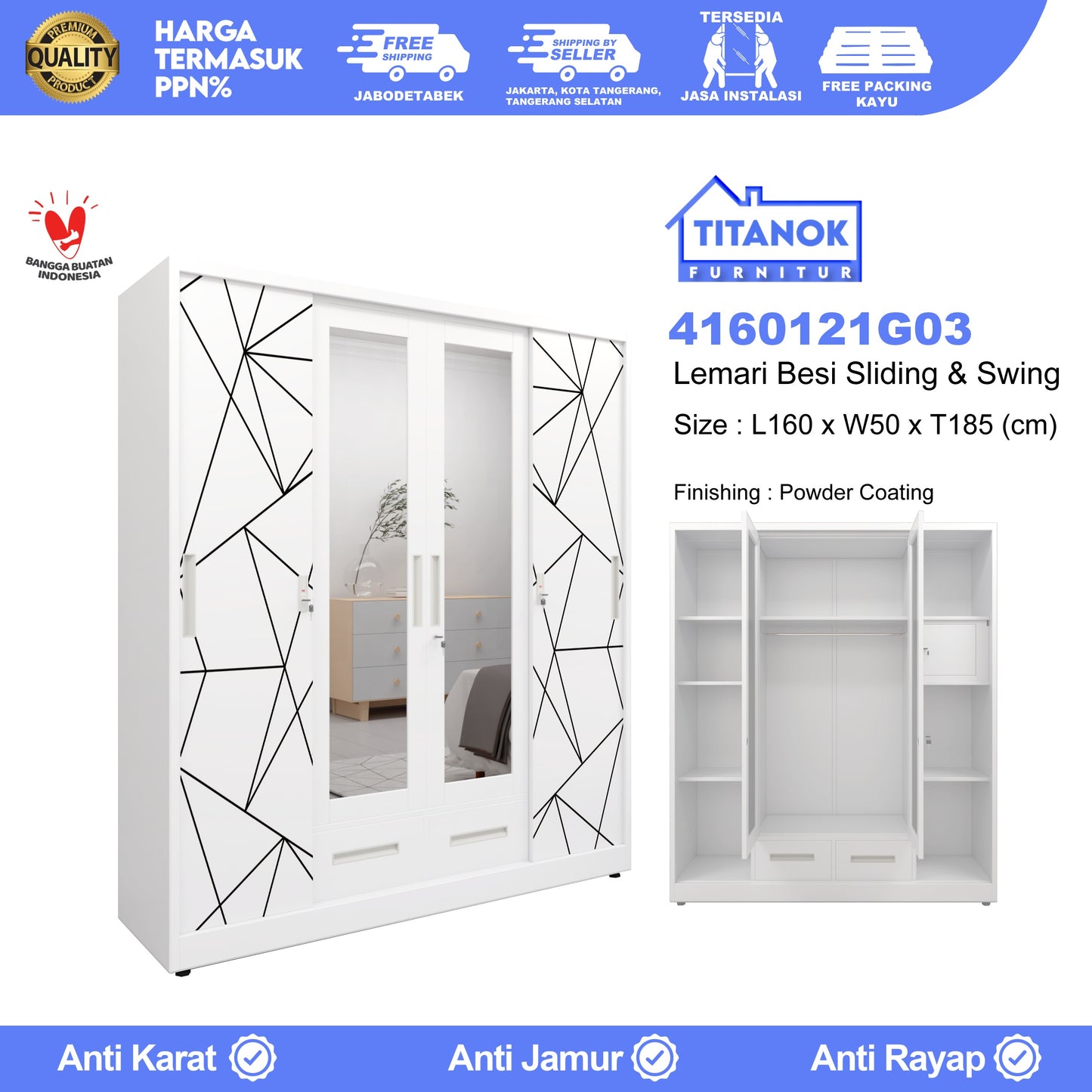 Lemari 4 Pintu Kombinasi Extra Laci Ukuran 160cm Motif Geometri Hitam