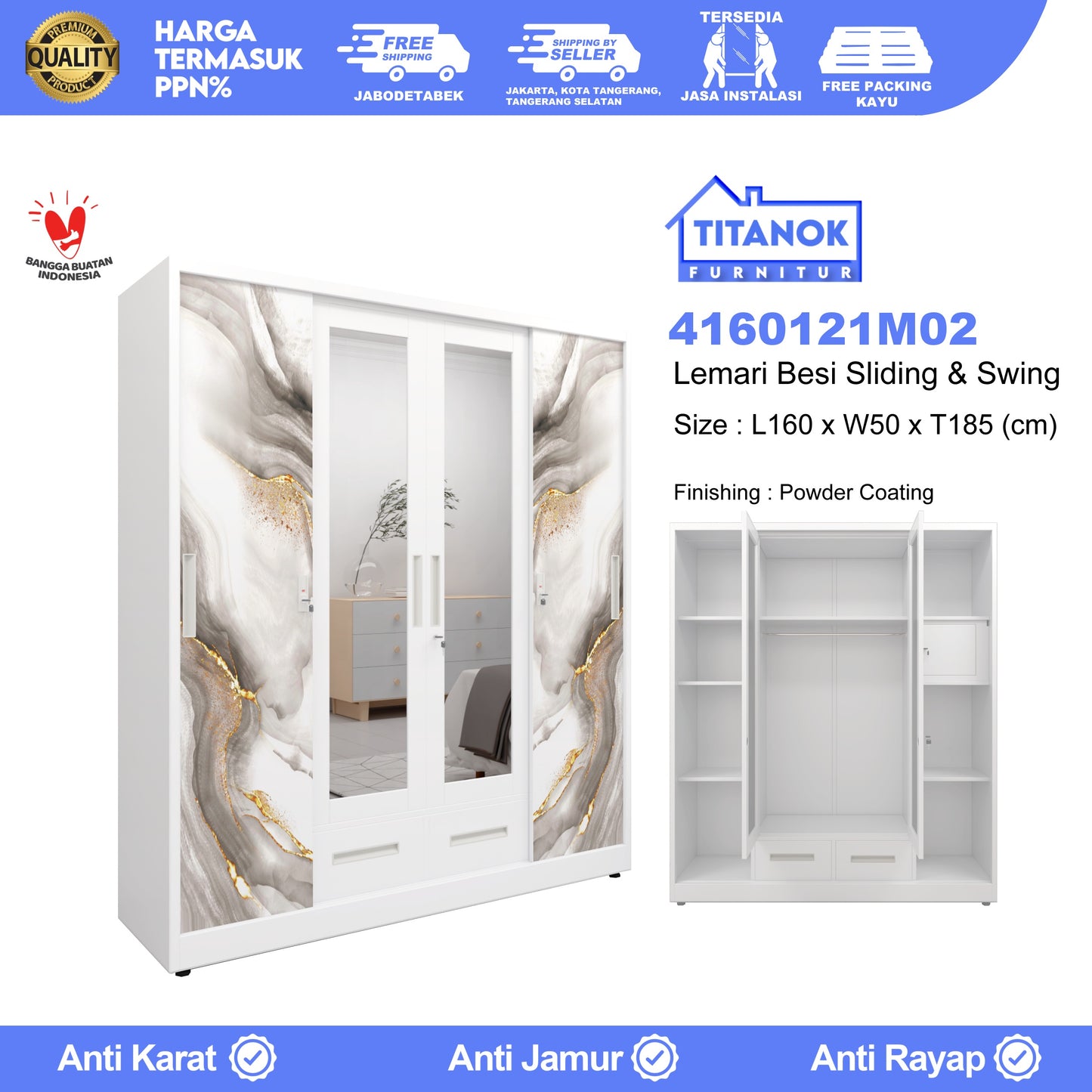 Lemari 4 Pintu Kombinasi Extra Laci Ukuran 160cm Motif Marble Gold