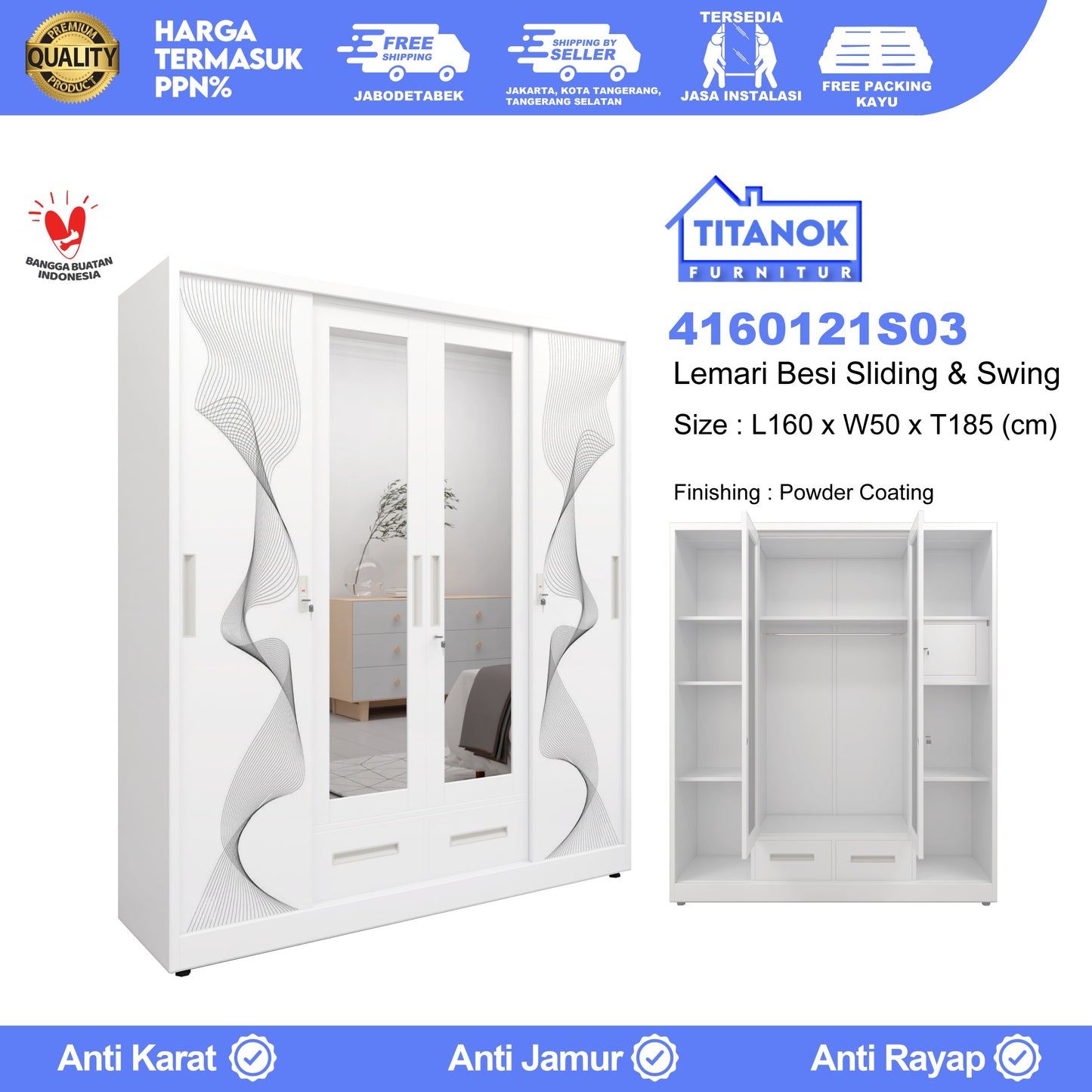 Lemari 4 Pintu Kombinasi Extra Laci Ukuran 160cm Motif Gelombang