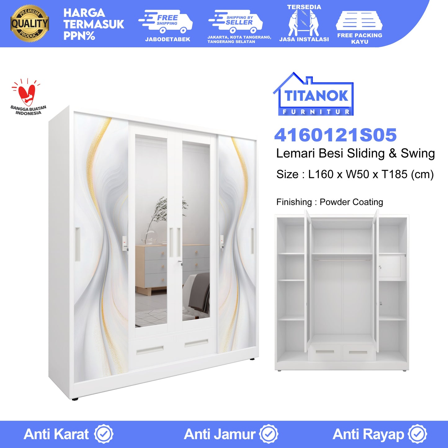 Lemari 4 Pintu Kombinasi Extra Laci Ukuran 160cm Motif Gelombang Emas dan Abu