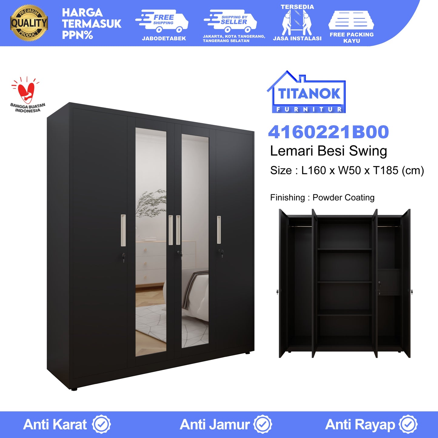Lemari 4 Pintu Full Swing Ukuran 160cm Motif Polos