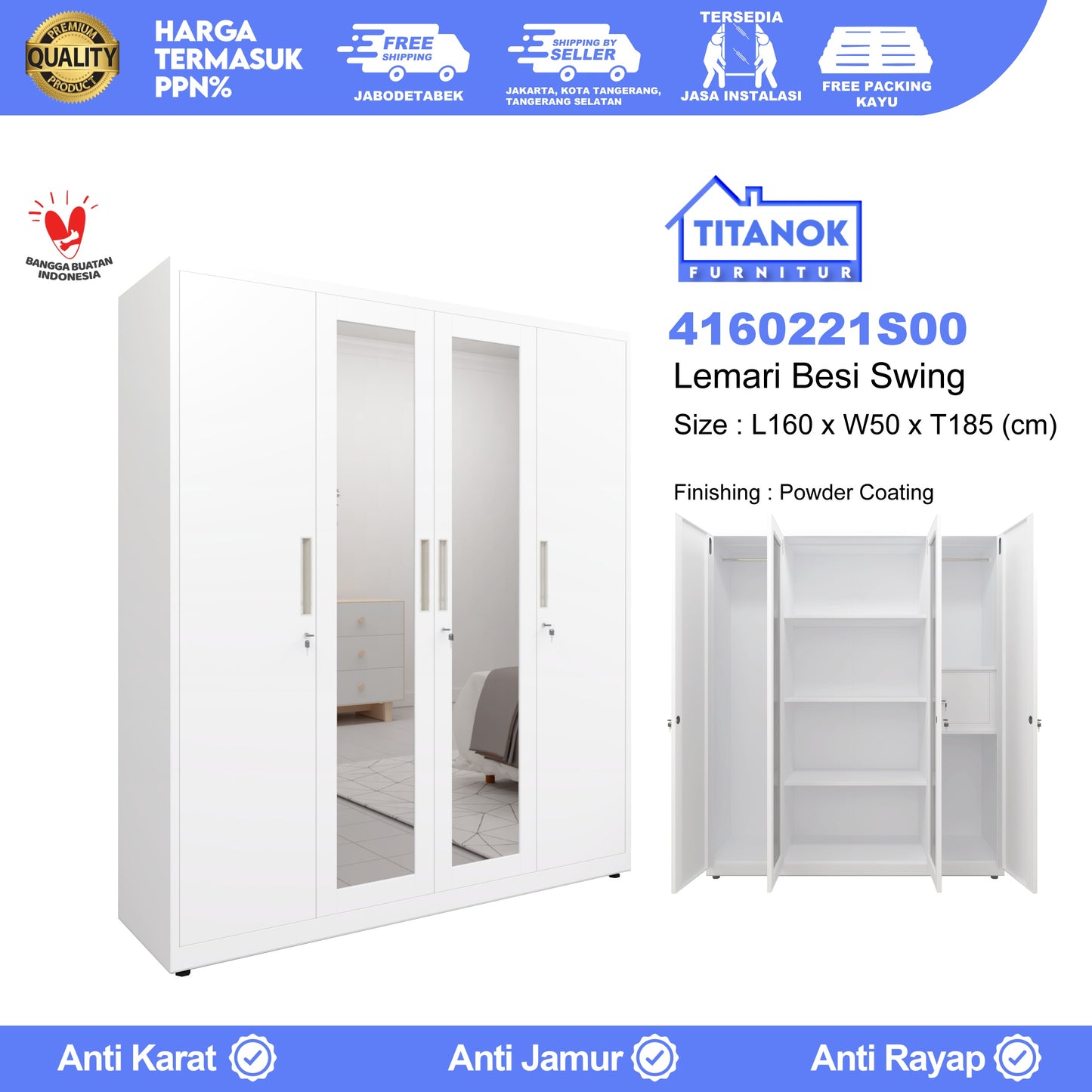 Lemari 4 Pintu Full Swing Ukuran 160cm Motif Polos