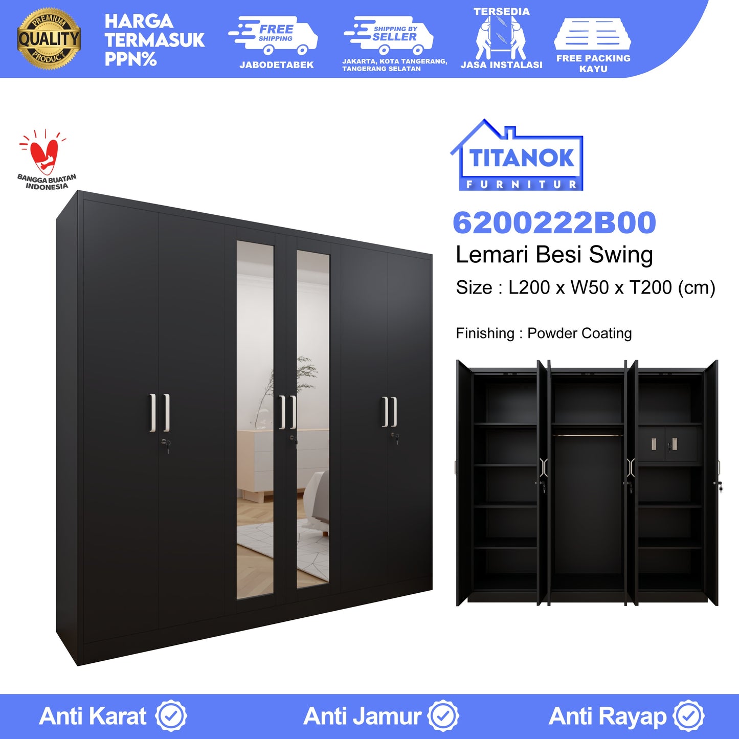 Lemari 6 Pintu Full Swing Ukuran 200cm Motif Polos