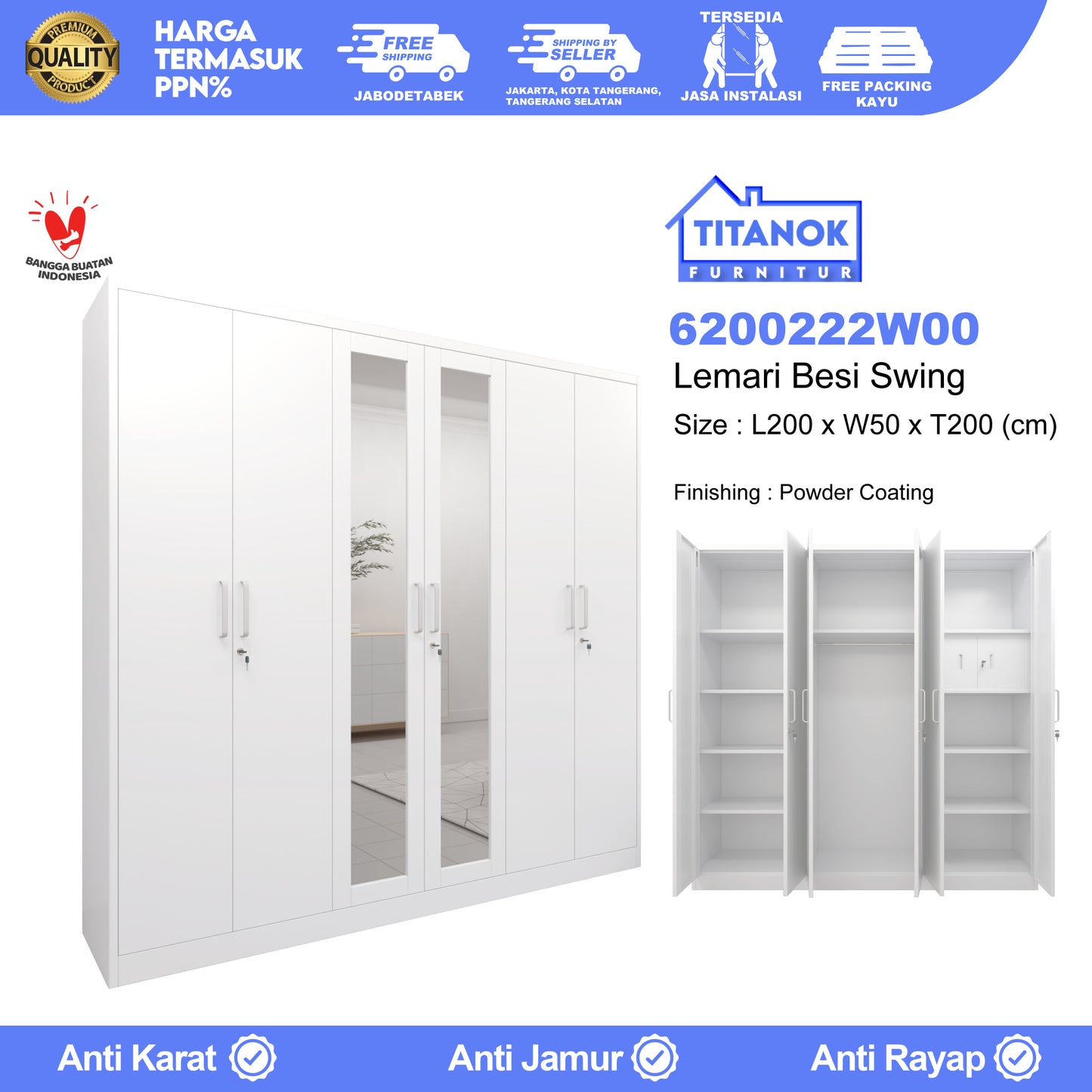 Lemari 6 Pintu Full Swing Ukuran 200cm Motif Polos